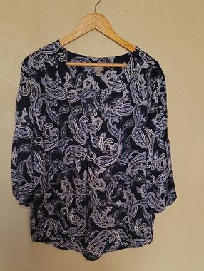 New York & Company Navy Paisley Long-Sleeve Blouse